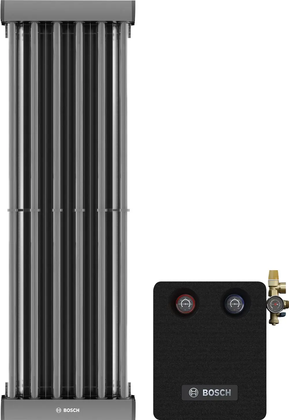 Vertikales Solarmodul von Bosch mit mehreren Röhren und einem Anschlussblock. Druckanzeigen sind in rot und blau markiert.
